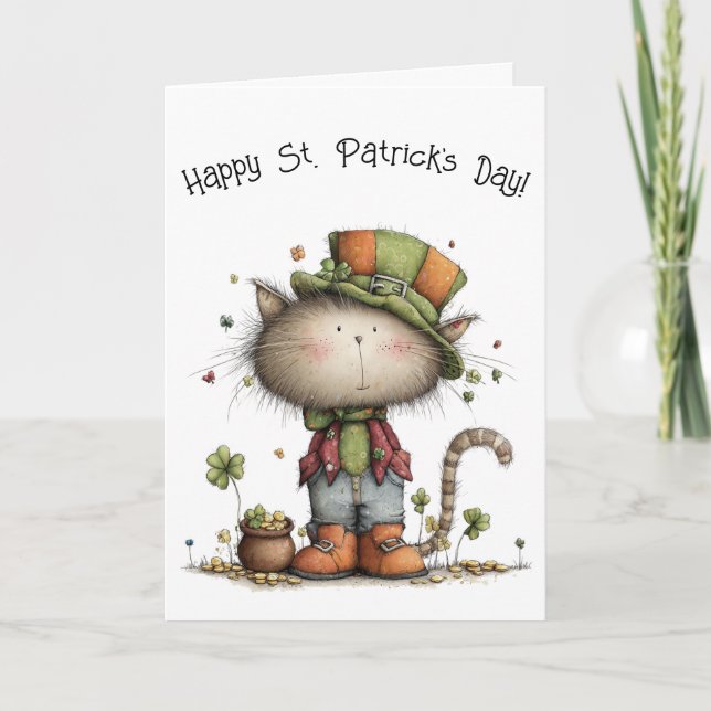 Cartão Charming St. Patrick’s Day Cat and Pot of Gold (Frente)