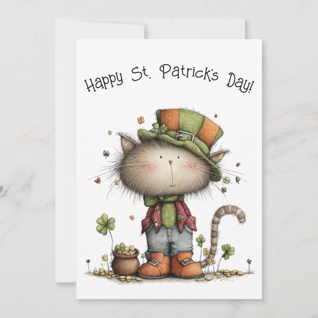 Cartão Charming St. Patrick’s Day Cat & Pot of Gold Flat (Frente)