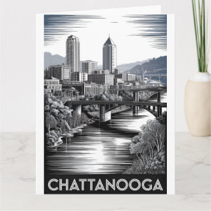 Cartão Chattanooga Tennessee Silhueta Preto Branco Xilogr