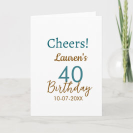 Cartão Cheers 40th birthday name date brown turquoise sim