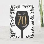 Cartão Cheers 70 years Birthday Greeting Card<br><div class="desc">Cheers to 70 years birthday card! Stylish black white and golden birthday greeting for someone that is seventy years old. Congratulate someone with this modern wine glass card with leaves.</div>