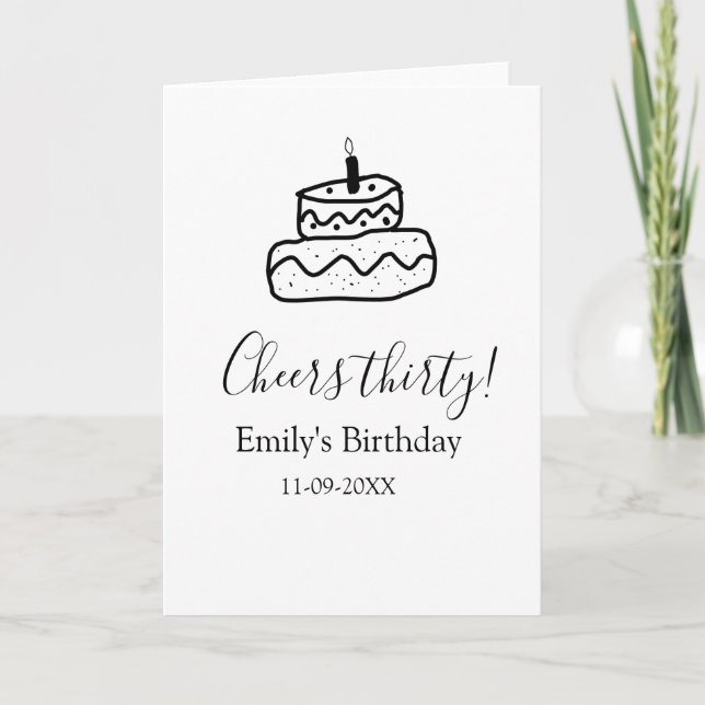 Cartão Cheers thirty birthday cake black scribble hand (Frente)