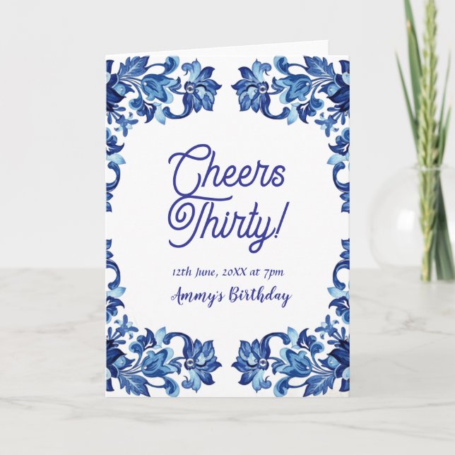 Cartão Cheers thirty birthday royal blue floral border na (Frente)