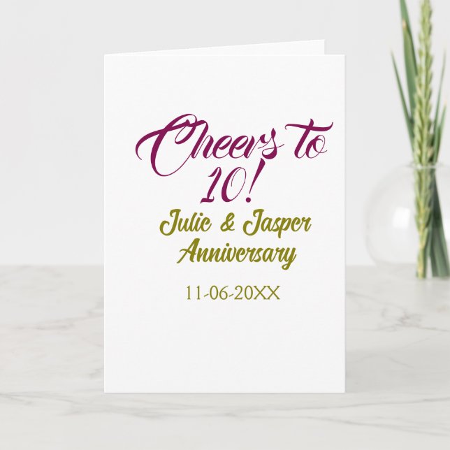 Cartão Cheers to 10th wedding anniversary mauve golden na (Frente)