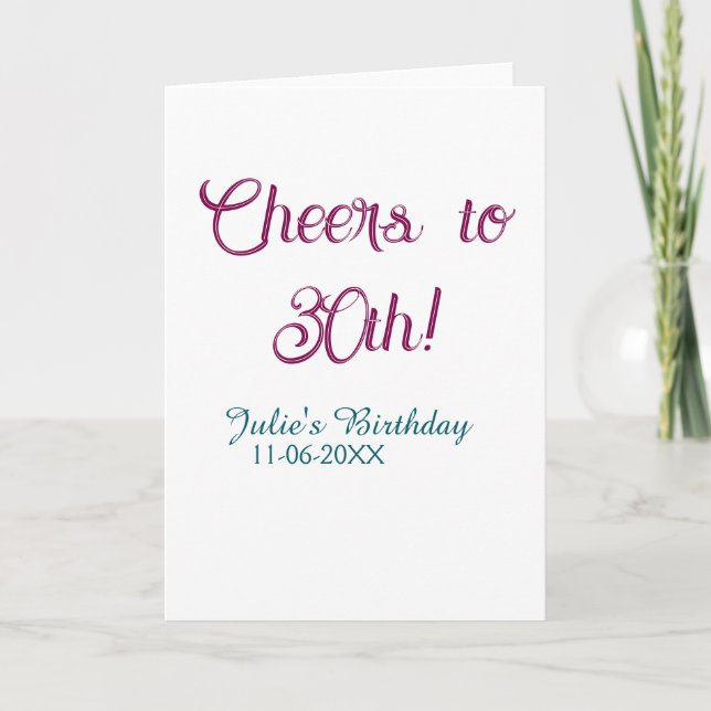 Cartão Cheers to 30th birthday name date mauve blue elega (Frente)