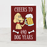 Cartão Cheers To 490 Dog Years 50th Birthday Card<br><div class="desc">Cheers to 490 Dog Years funny 70th Birthday. It says "Happy 70th Birthday!" on the inside. Great for a dog owner and beer lover. It features a cute cartoon dog against a dark red background.</div>