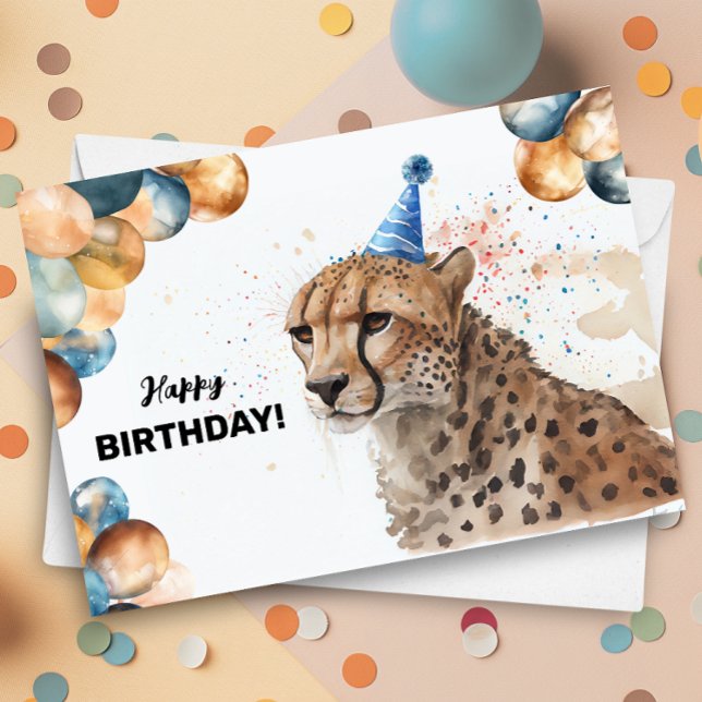 Cartão Cheetah com balões e festa feliz aniversário (Criador carregado)