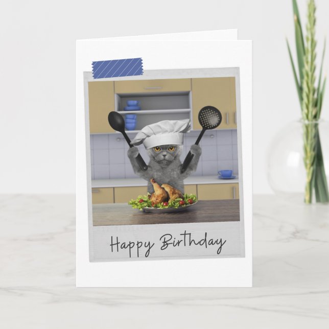 Cartão Chef Grey Cat Funny Birthday Card (Frente)