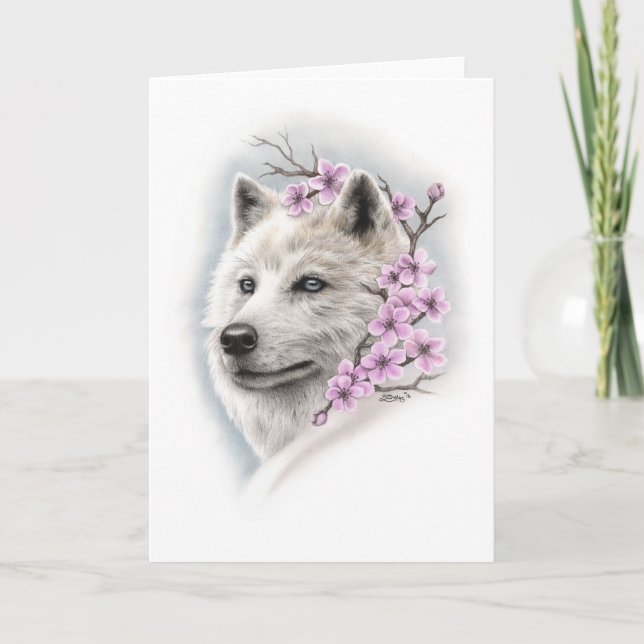 Cartão Cherry Blossom Wolf Greeting Card (Frente)