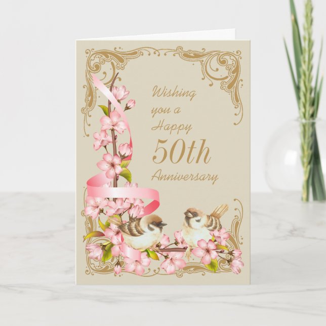 Cartão Cherry Blossoms & Birds 50º Aniversário Card (Frente)