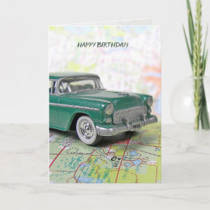 Cartão Chevrolet 1955 retro no aniversário do mapa de