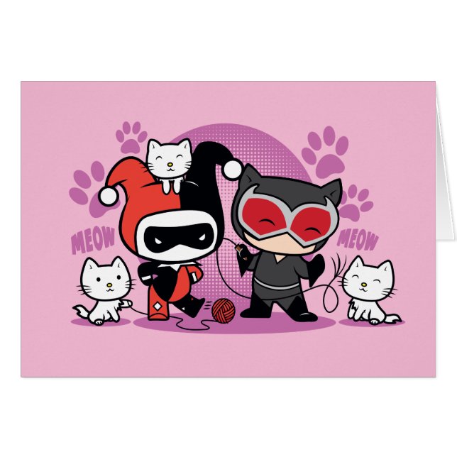 Cartão Chibi Harley Quinn & Chibi Catman Com Gatos (Frente Horizontal)