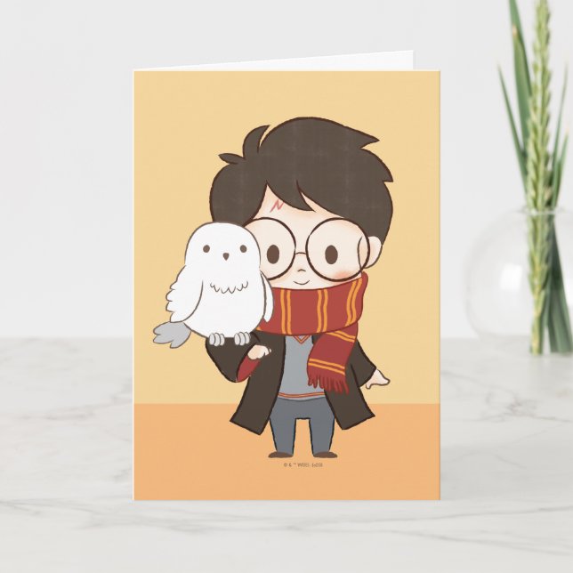 Cartão Chibi HARRY POTTER™ & Hedwig (Frente)