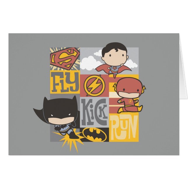 Cartão Chibi Justice League | Fly, Kick, Run (Frente Horizontal)