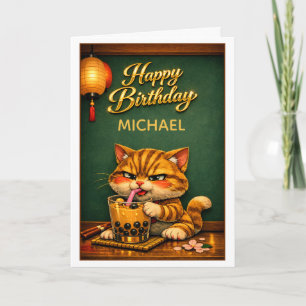 Cartão Chibi Neko Gato Tigre Boba Chá de Bolhas Aniversár