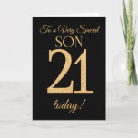 Cartão Chic 21st Gold-effect on Black, for Son Birthday<br><div class="desc">A chic 21st Birthday Card for a 'Very Special Son',  with a number 21 composed of gold-effect numbers and the word 'Son',  in gold-effect,  on a black background. The inside message,  which you can change if you wish,  is 'Happy Birthday'</div>