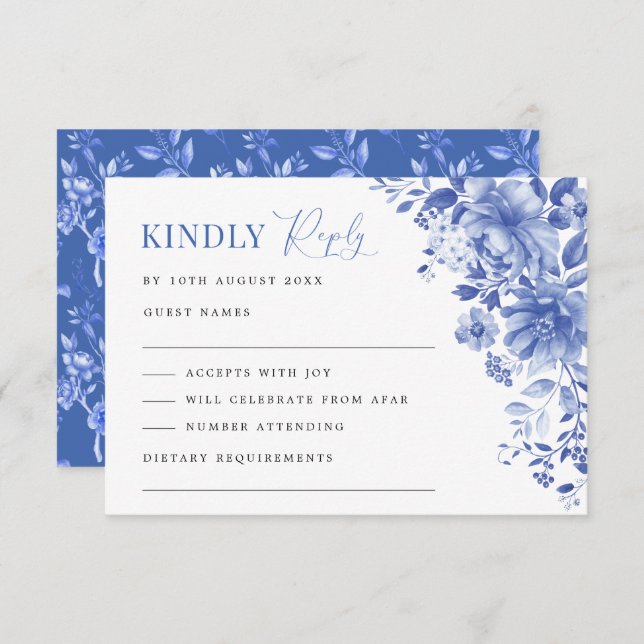 Cartão Chic Blue White Chinoiserie Floral Weding RSVP (Frente/Verso)