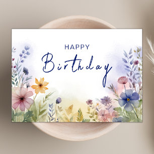 Cartão Chic Boho Wildflower Theme Marinho Feliz Aniversár