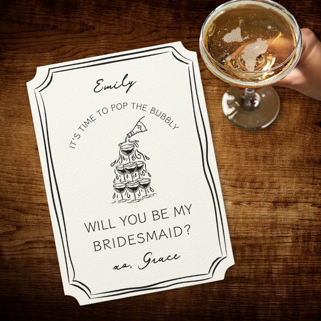 Cartão Chic Champagne Torre Bubbles Bridesmaid Proposta (Celebrate in style with this chic bridesmaid proposal card featuring a bubbly champagne tower design)