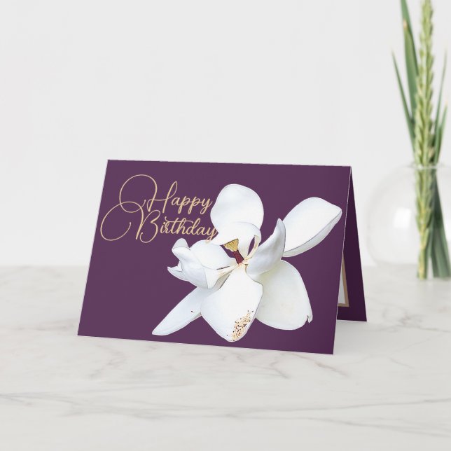 Cartão Chic Floral White Magnolia Flor Purple Aniversário (Frente)