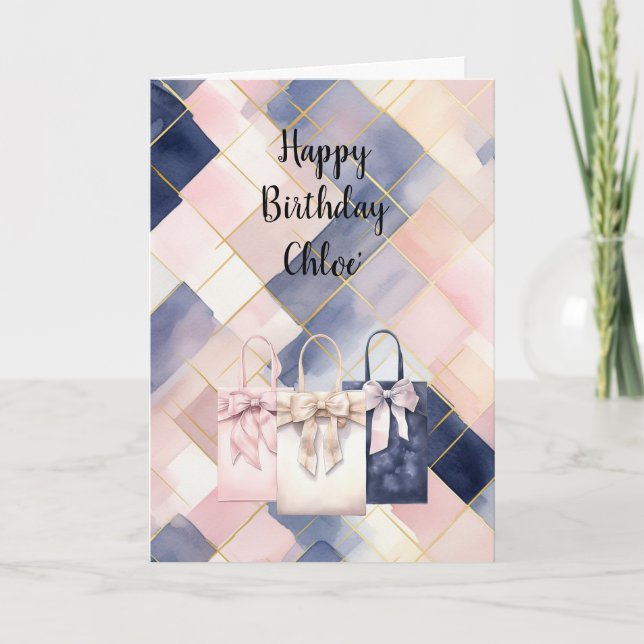 Cartão Chic French Pink Blue Gift Bags Bow Birthday (Frente)