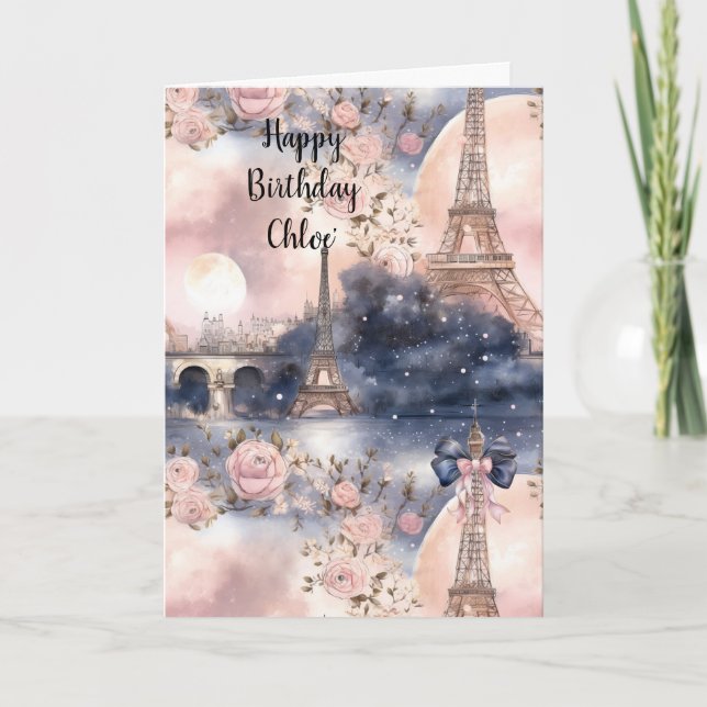 Cartão Chic French Pink Blue Paris Eiffel Tower Birthday (Frente)