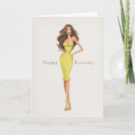 Cartão Chic Glam Brunette Woman in Yellow Dress Birthday