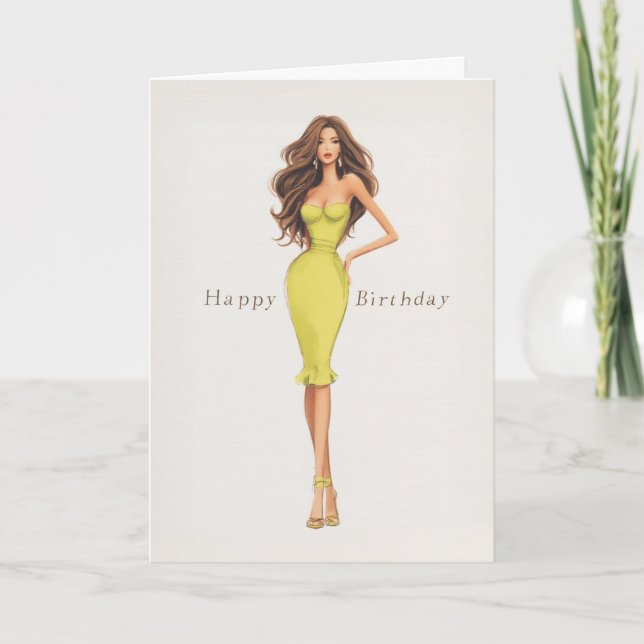 Cartão Chic Glam Brunette Woman in Yellow Dress Birthday (Frente)