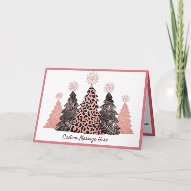 Cartão Chic Glitter Christmas Trees Pink Leopard Gray (Frente)