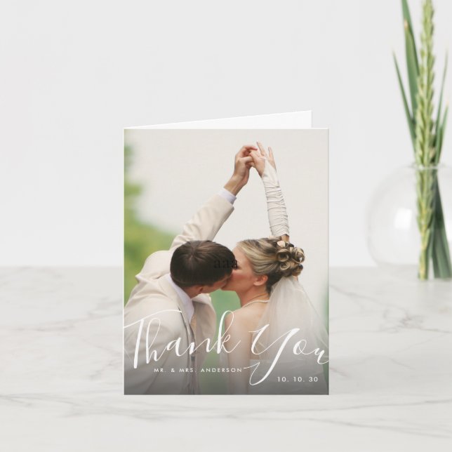 Cartão Chic Hand Lettered Script Photo Weding Obrigado (Frente)