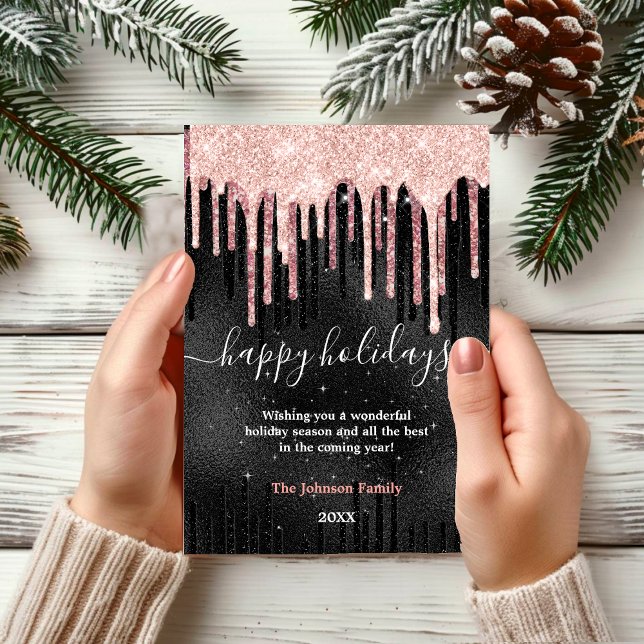 Cartão Chic rosa dourado preto saudação de Ano Novo Natal (Criador carregado)