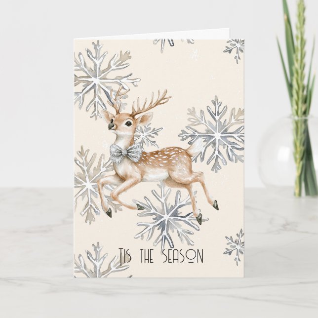 Cartão Chic Rustic Christmas Cream Deer Snowflakes (Frente)