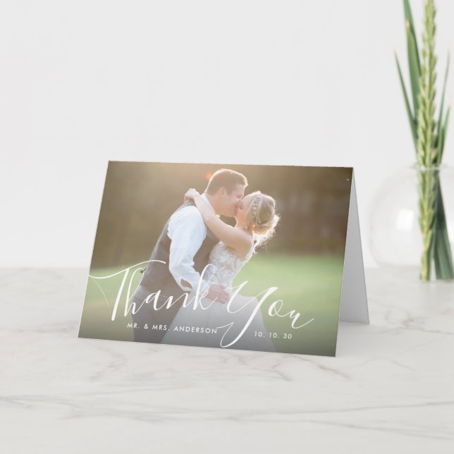 Cartão Chic Script Hand Lettered Photo Weding Obrigado (Frente)