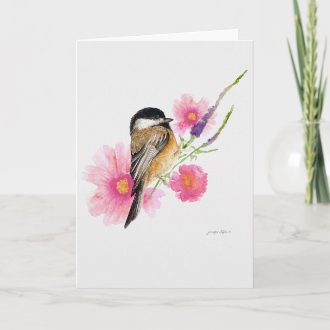 Cartão Chickadee Bird Black Capped Watercolor Art (Frente)
