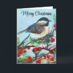 Cartão Chickadee Inverno Feliz Natal<br><div class="desc">Um pequeno e doce passarinho chickadee de inverno pintado em acrílico. Arte de Jennifer Steffen.</div>