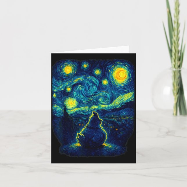 Cartão Chicken Starry Funny Night Van Gogh Farm Lover Gir (Frente)