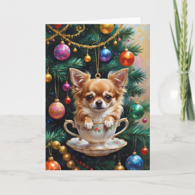 Cartão Chihuahua Christmas Teacup Ornament Art (Frente)
