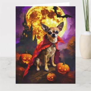 Cartão Chihuahua de Halloween Abóboras Vampiro Assustador