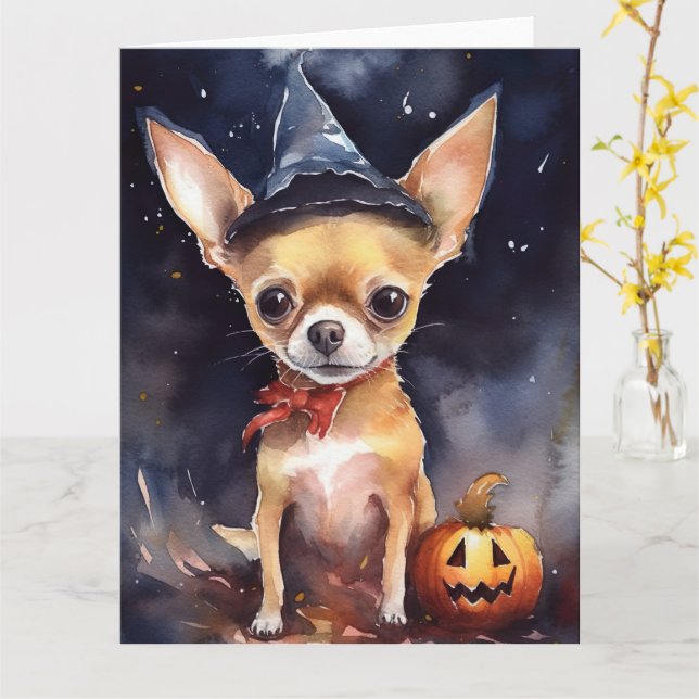 Cartão Chihuahua de Halloween com Abóboras Assustador (Flor Amarela)