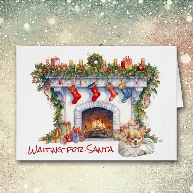 Cartão Chihuahua Puppy Lareira de Natal Esperar por Papai (Criador carregado)