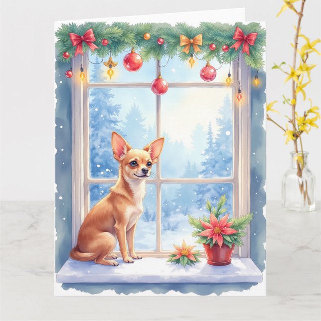 Cartão Chihuahua Snowy Windowsill Holiday Christmas Art (Flor Amarela)