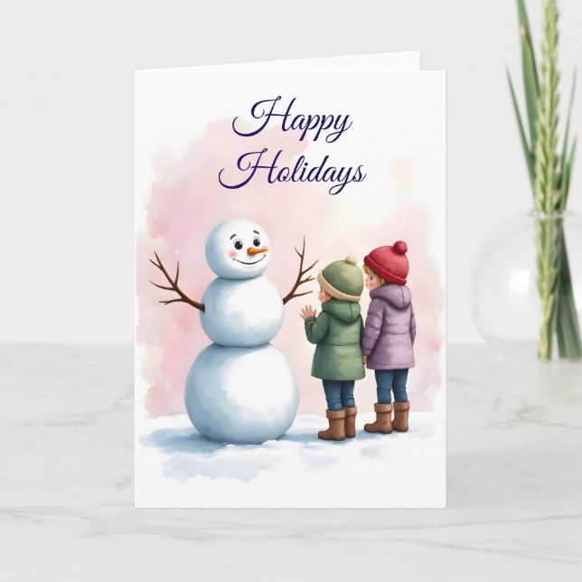 Cartão Children Building Snowman Winter Scene Blank  (Frente)