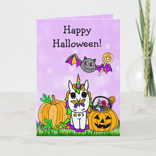 Cartão Children's Happy Halloween Purple Unicorn Cartoon (Frente)