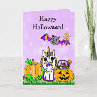 Cartão Children's Happy Halloween Purple Unicorn Cartoon