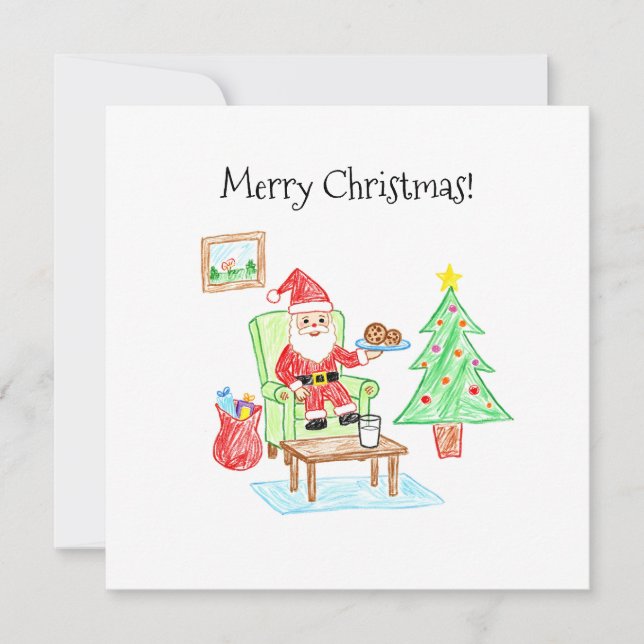 Cartão Child's Art Style Santa and Cookies Flat Greeting (Frente)