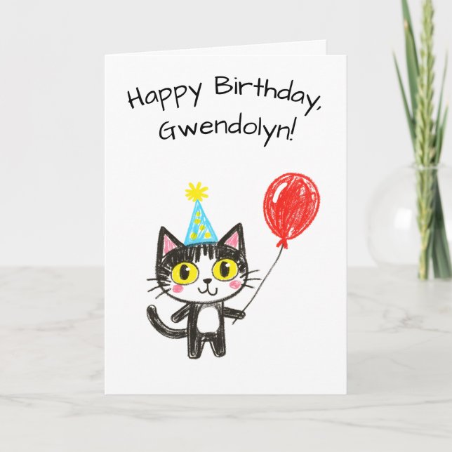 Cartão Child's Art Style Tuxedo Cat Birthday (Frente)