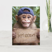 Chimpanzé com Placa de Aniversário de Madeira