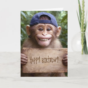 Cartão Chimpanzé com Placa de Aniversário de Madeira