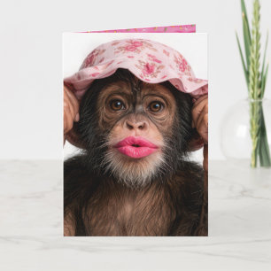 Cartão Chimpanzé De Aniversário Usando Batom Rosa