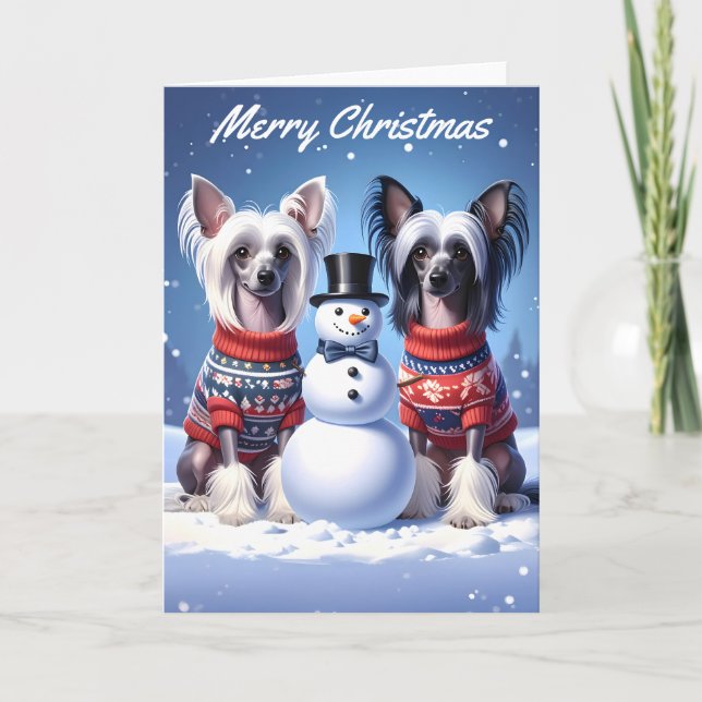 Cartão Chinese Crested Dogs & Snowman Christmas (Frente)